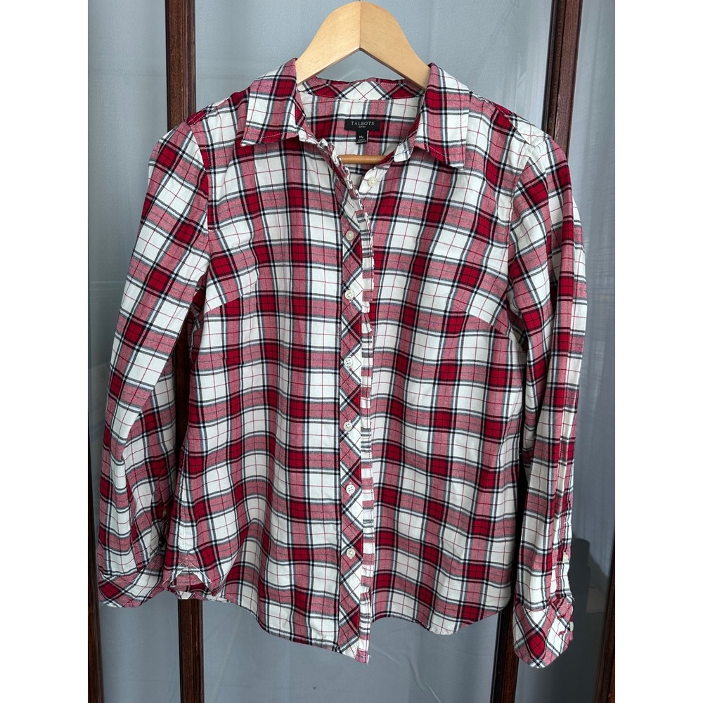 Talbots Petites Red White‎ Plaid Flannel Metallic Ruffle Button Down Shirt MP